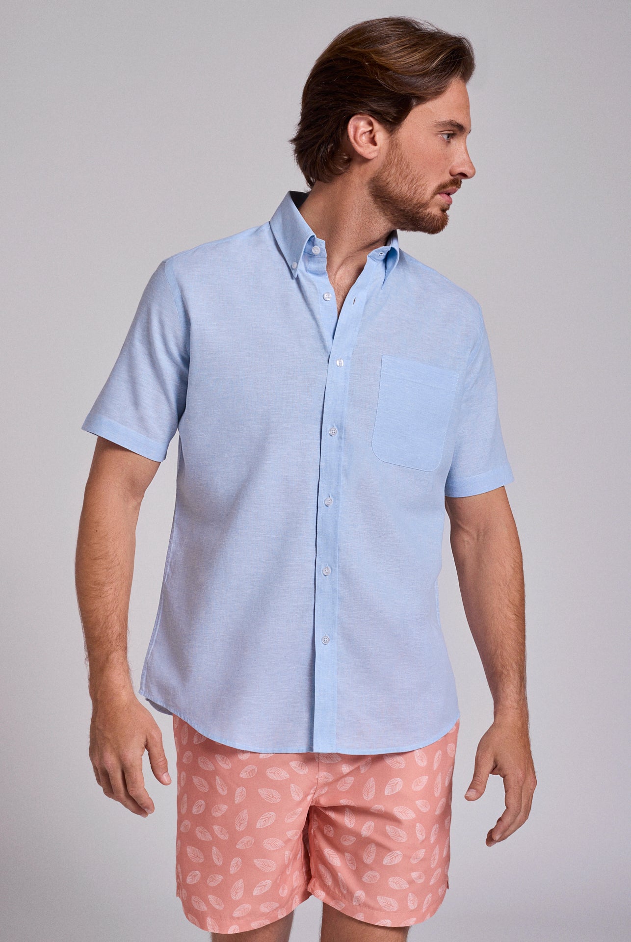 CAMISA LINHO AZUL MANGA CURTA REGULAR FIT MR. BLUE