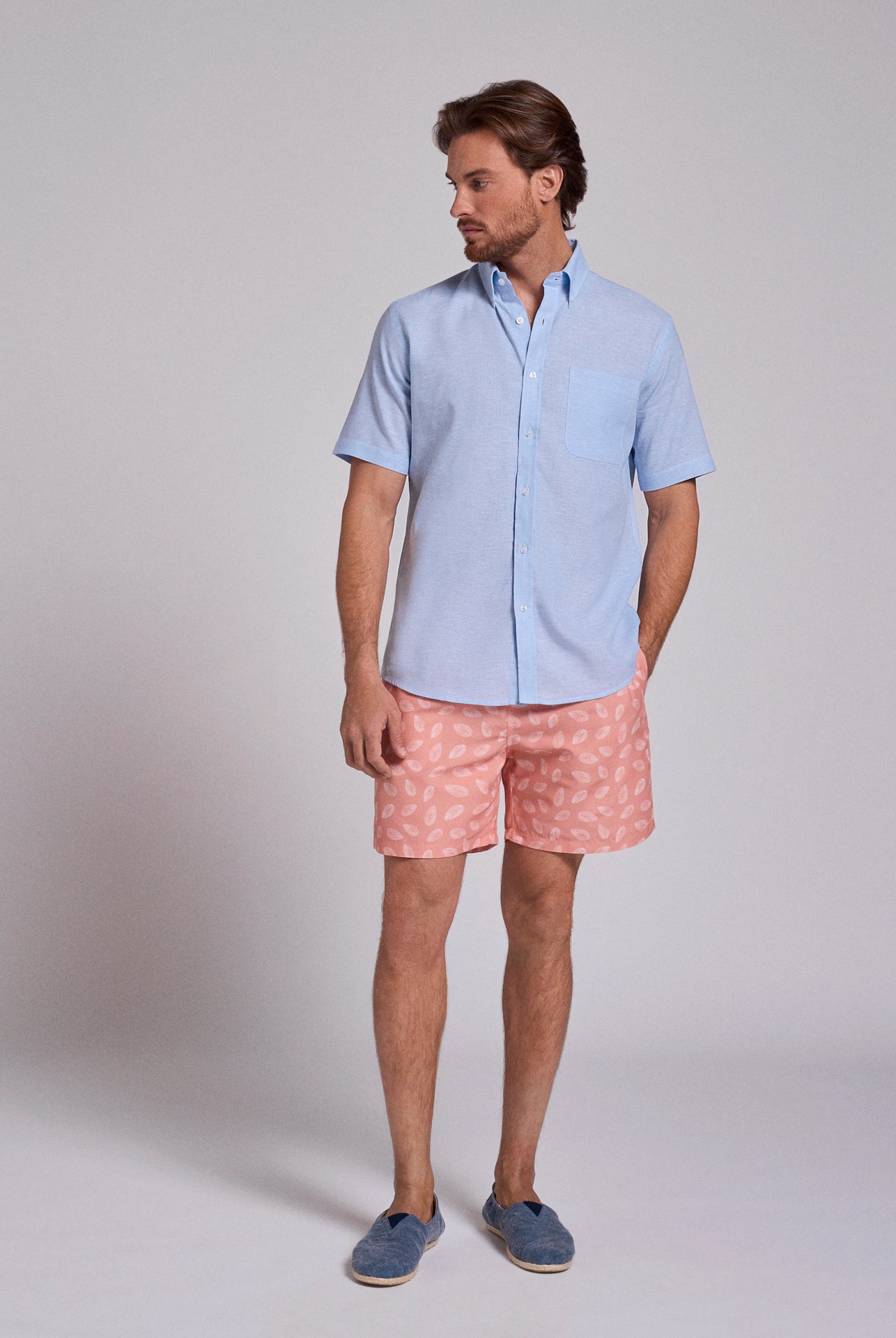 CAMISA LINHO AZUL MANGA CURTA REGULAR FIT MR. BLUE