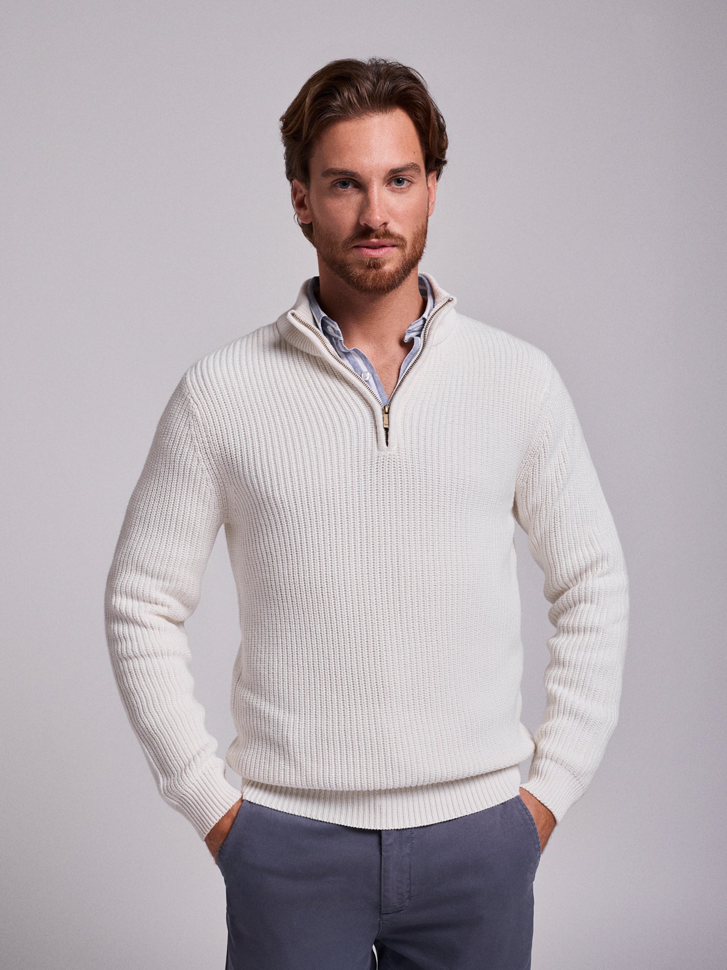 WHITE COTTON PULLOVER LONG SLEEVE REGULAR FIT MR. BLUE